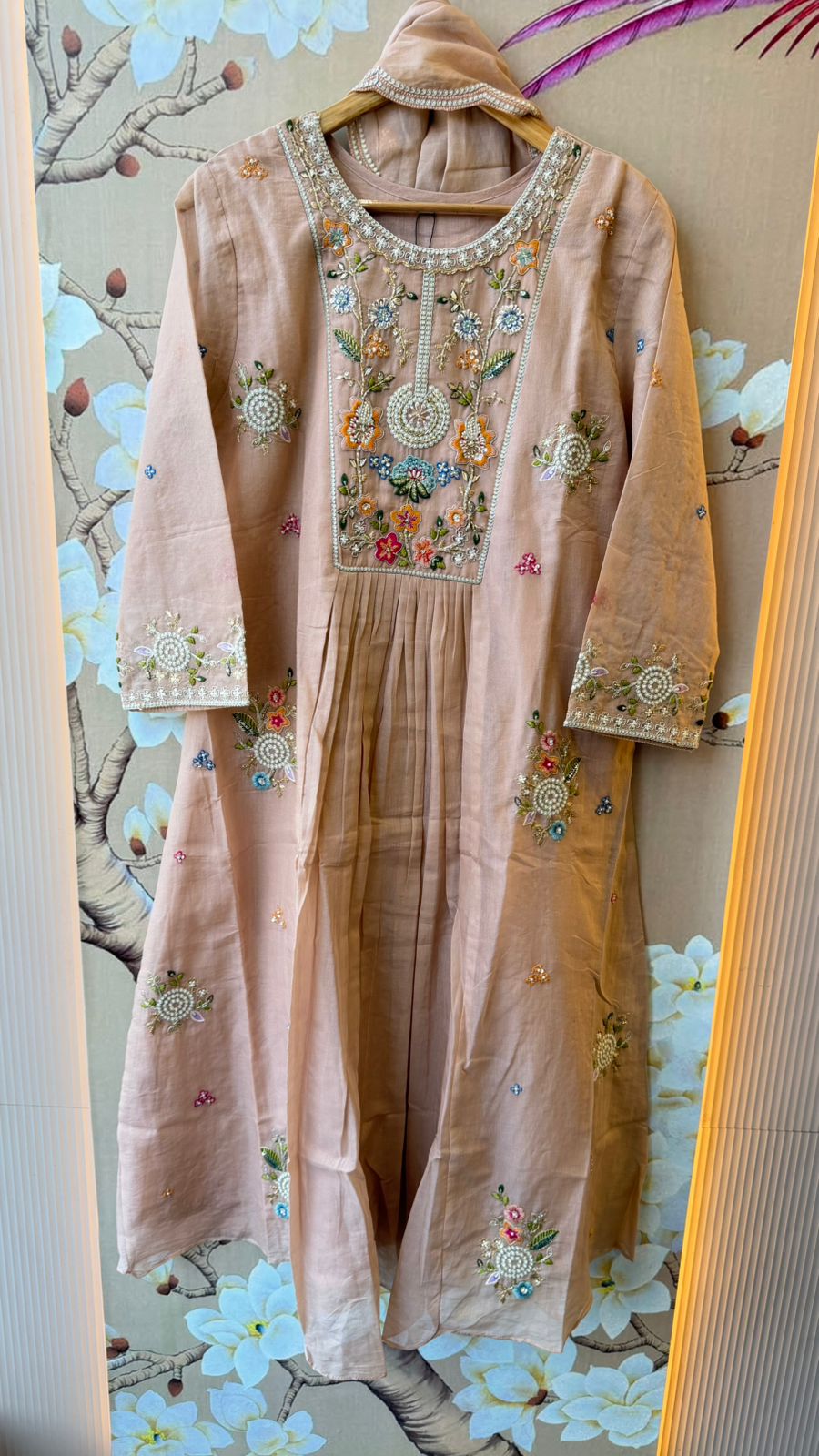 Premium Mul chanderi with heavy hand work full suit set in blush pink