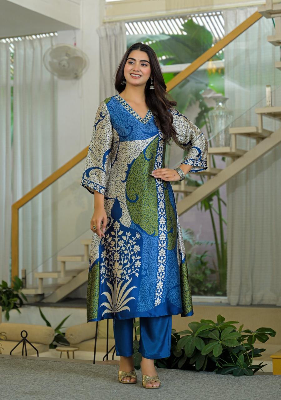 Premium gaji silk kurta pant in blue