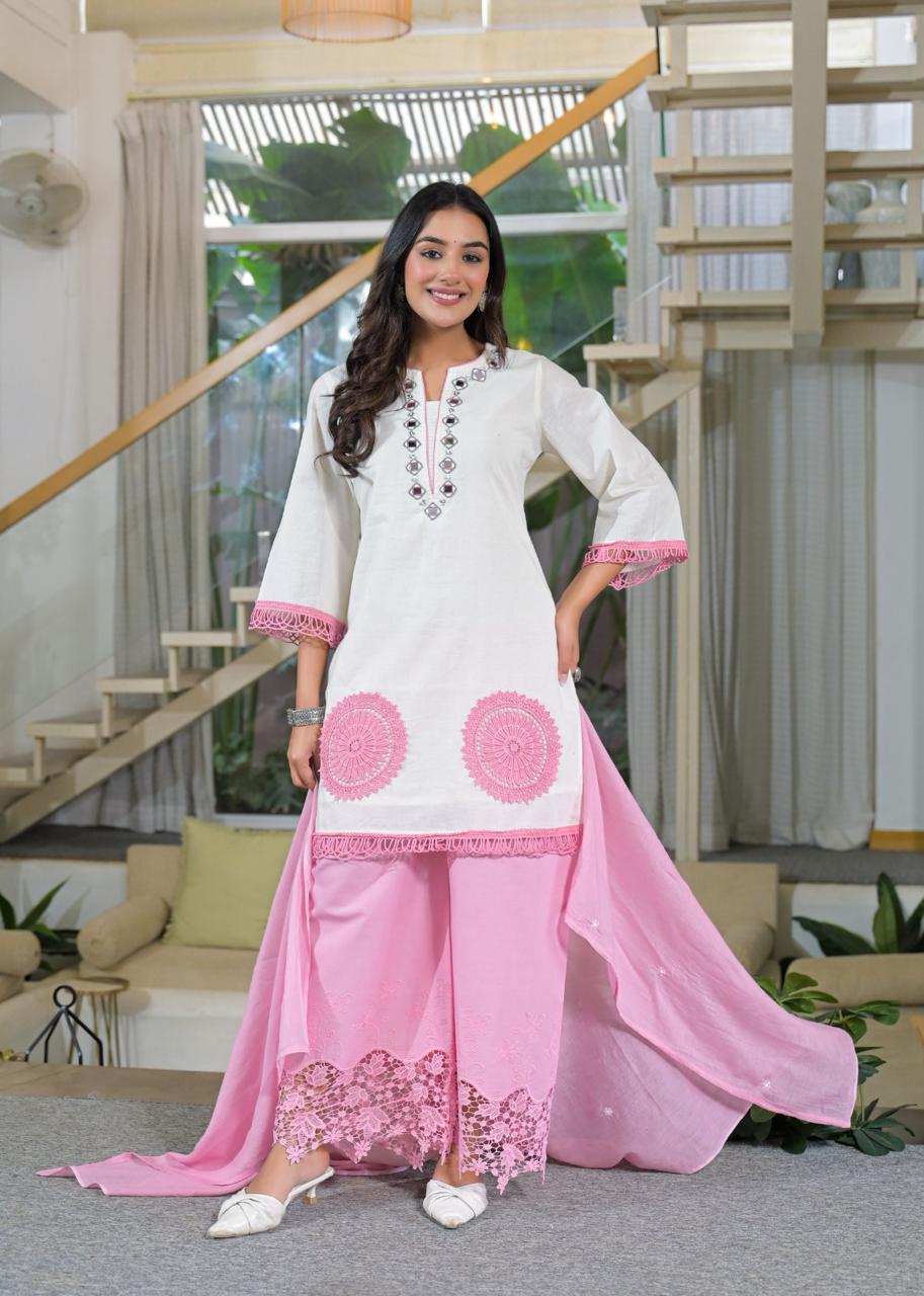 Designer shifli pants paired with a cotton dupatta with Mul lining and real mirror hand work suit set