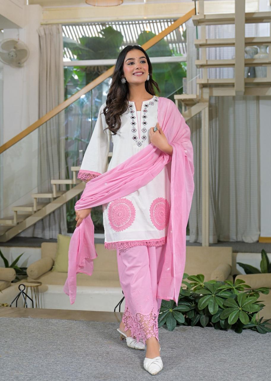Designer shifli pants paired with a cotton dupatta with Mul lining and real mirror hand work suit set