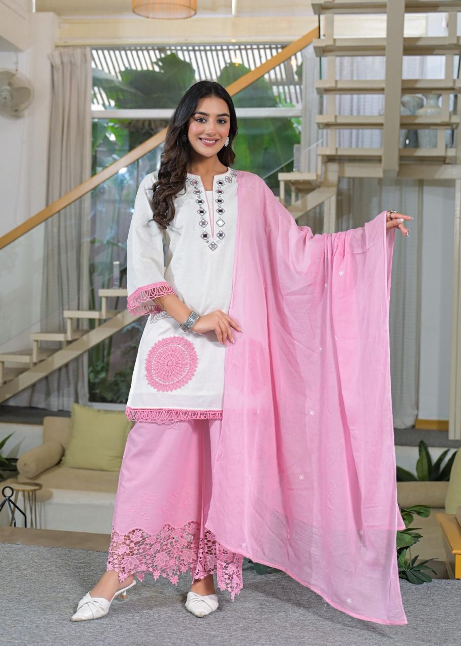 Designer shifli pants paired with a cotton dupatta with Mul lining and real mirror hand work suit set