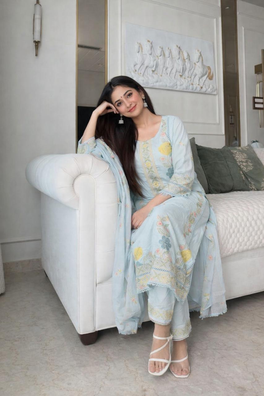 Textured cotton beautifuly embroidered in gorgeous powder blue