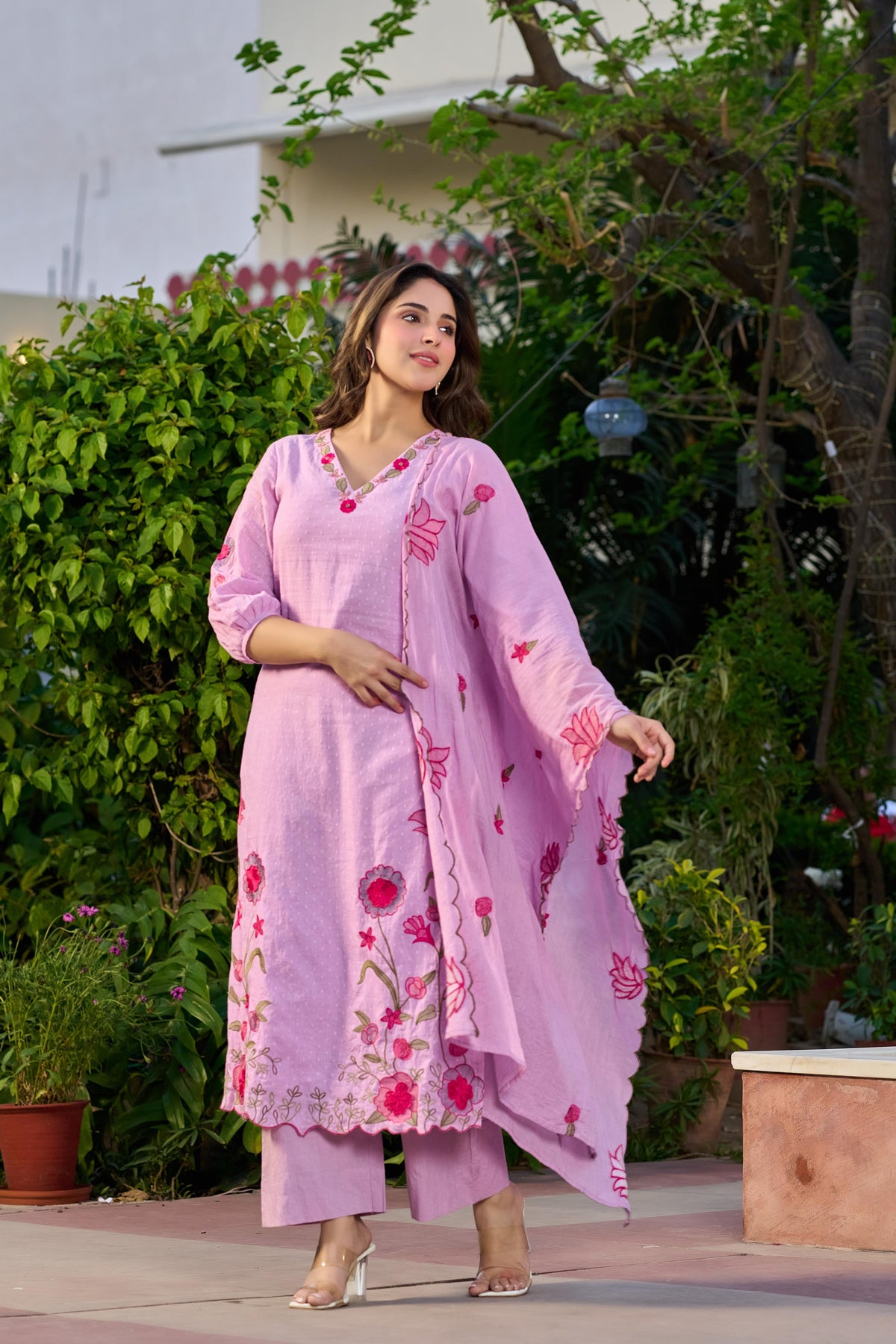 Pretty Dobby cotton applique work full suit set in pinkish purple