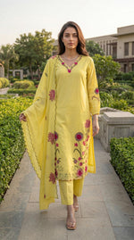 Pretty Dobby cotton applique work full suit set in yellow
