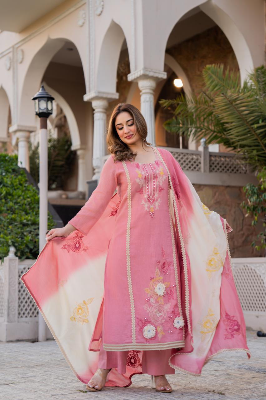 Premium crush Mul cotton super soft stylish full suit set in pink
