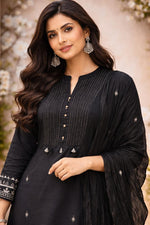 Premium embroidered cotton suit set in black with highlighted pockets