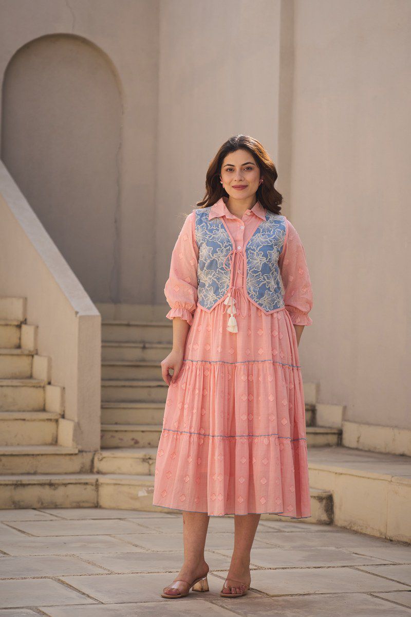 Dobby cotton full embroidered one piece paired with a shrug