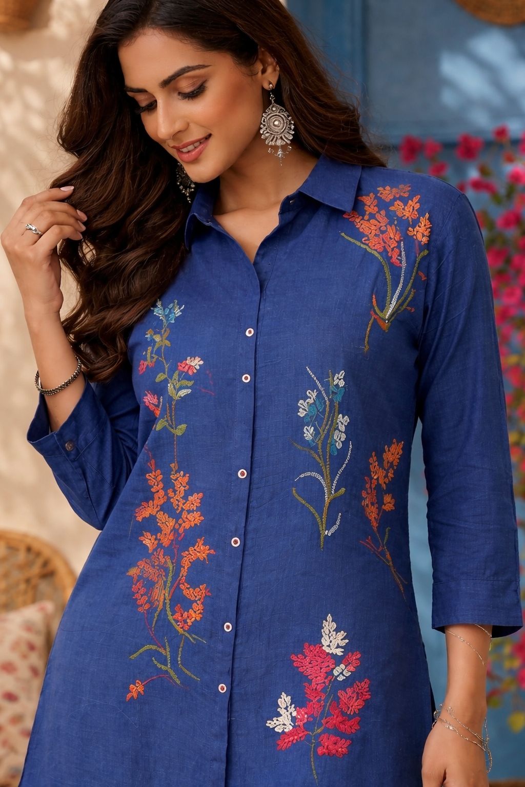 Beautiful mulchandri embroidered cord set with shell detailing in navy blue