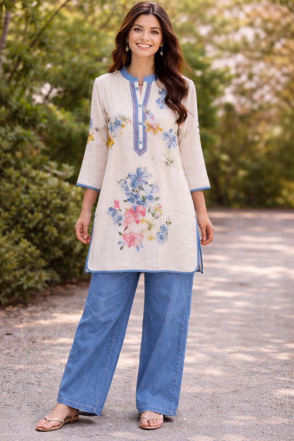 Soft linen top highlighted with pearl detailing and embroidery with lining paired with gorgeous denim