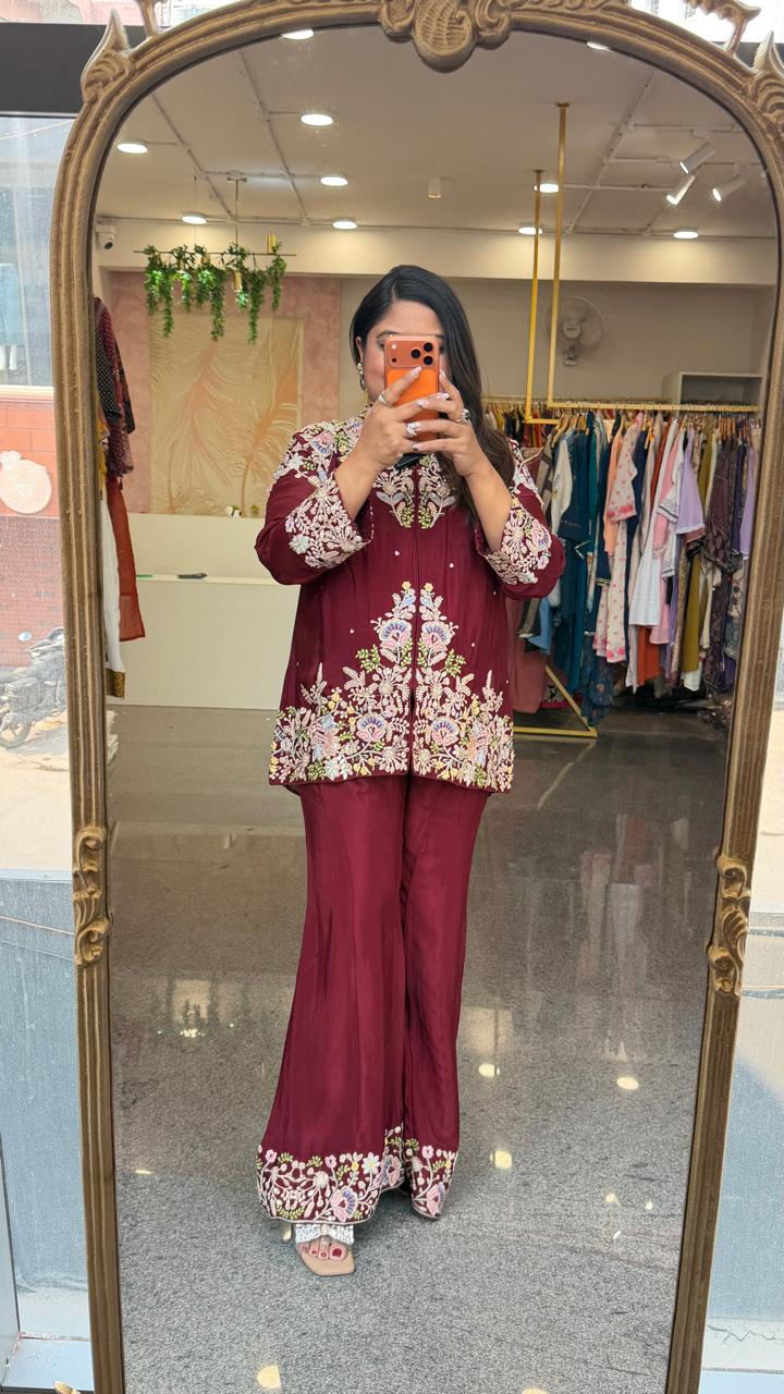 Super premium chinon with gorgeous hand embroidery co ord in maroon