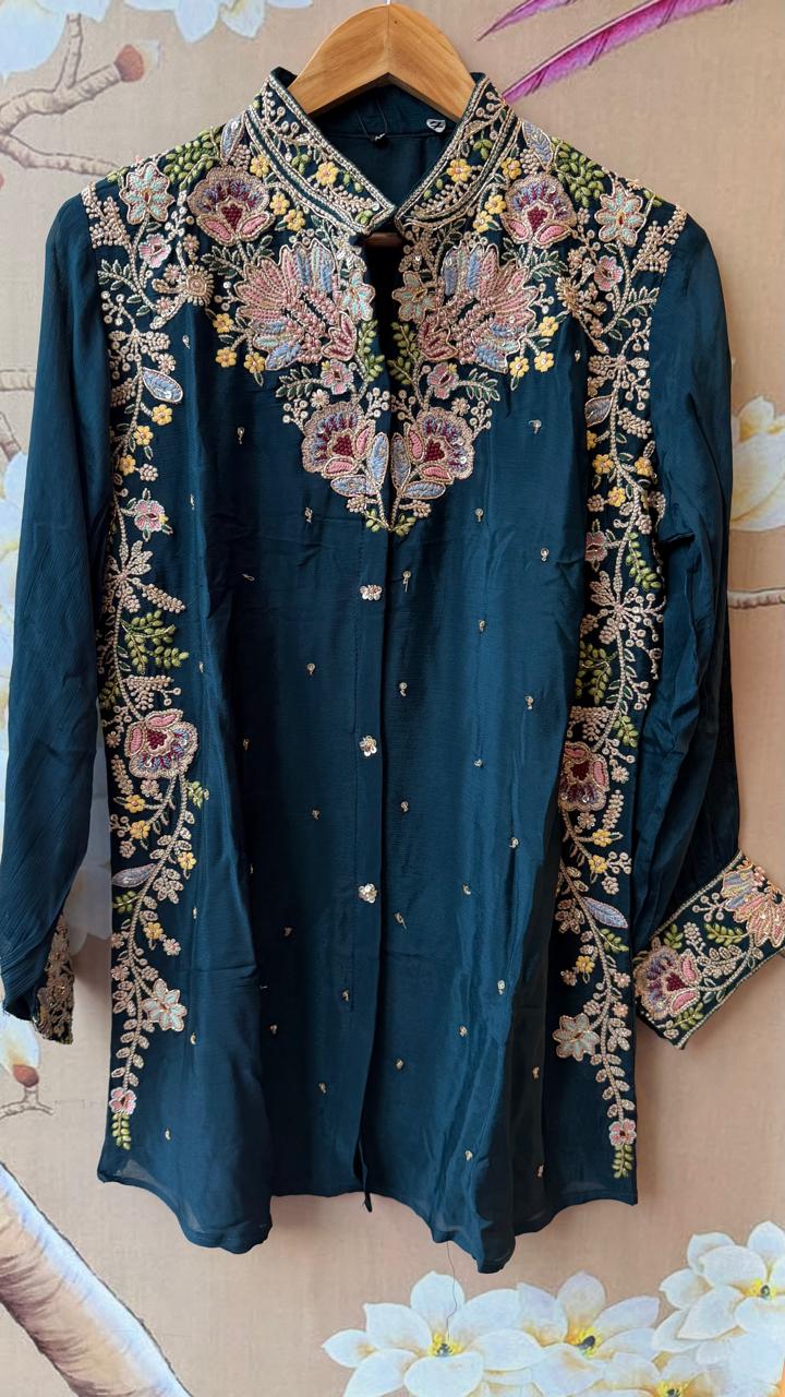 Premium chinon beautiful hand embroidered Co ord set in teal blue
