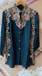 Premium chinon beautiful hand embroidered Co ord set in teal blue