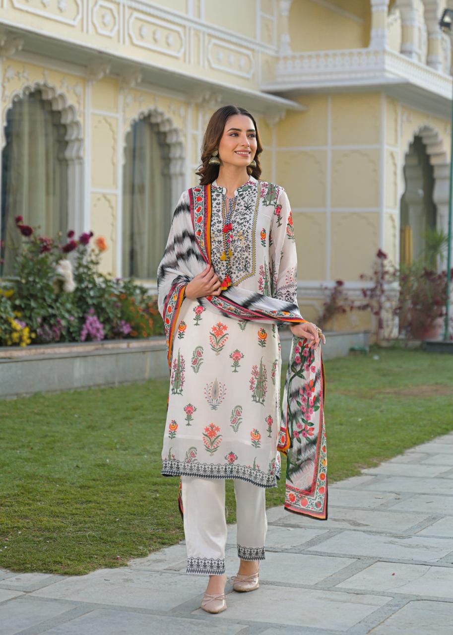 Premium chinon full suit set paired with orgenza dupatta