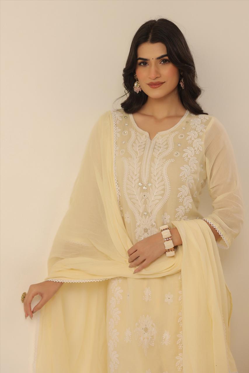 Super pretty butter yellow chikankari Mul cotton