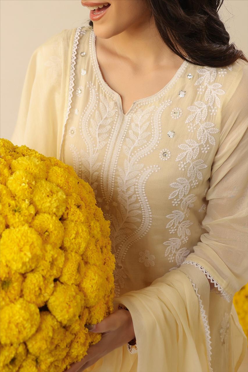 Super pretty butter yellow chikankari Mul cotton