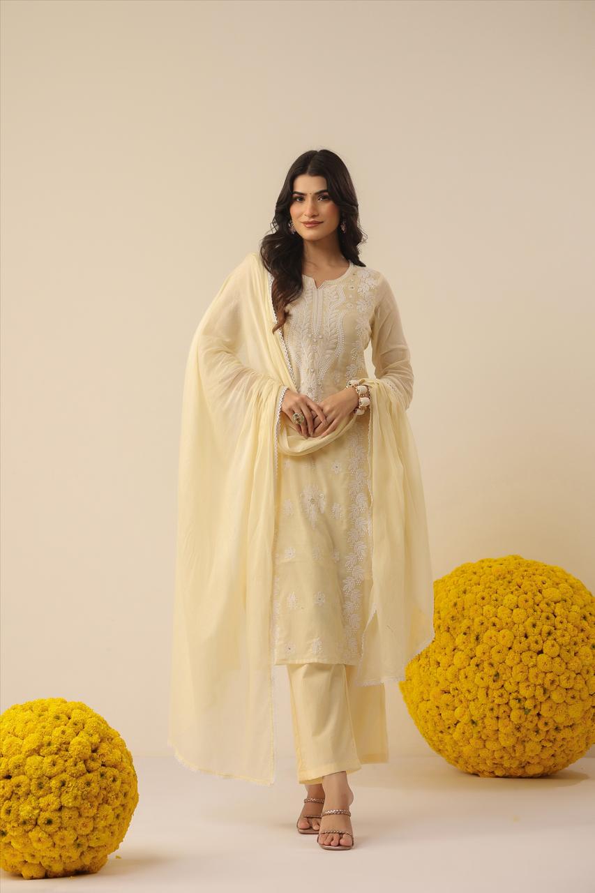 Super pretty butter yellow chikankari Mul cotton