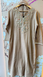 Premium Mul Chanderi embroidered suit set in chikoo colour