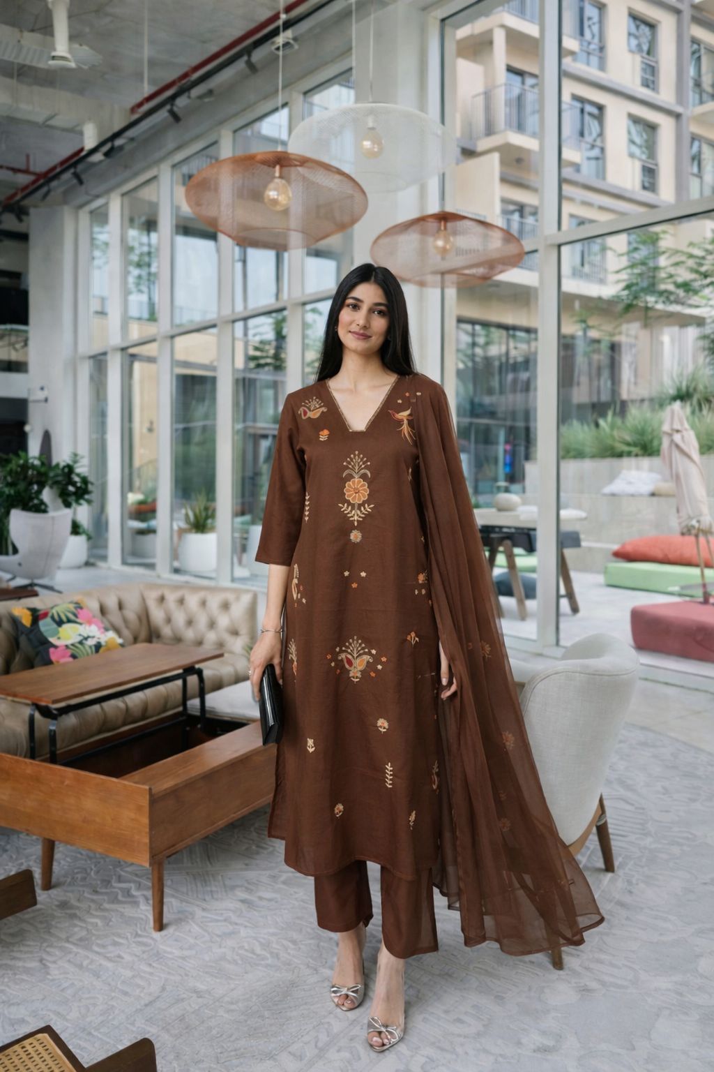 Pure cotton applique work full suit set in brown