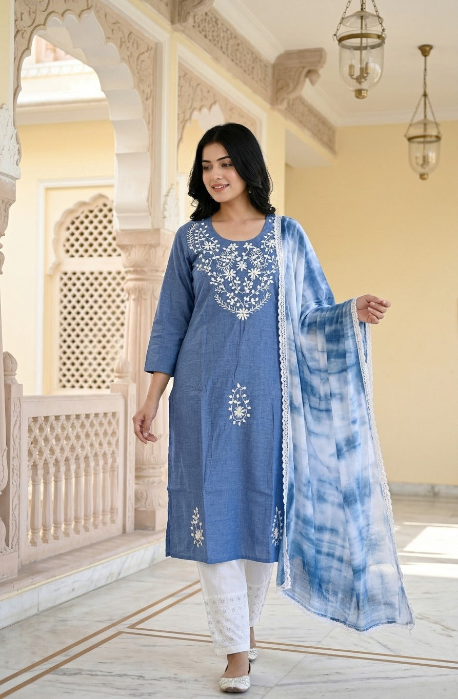 Pretty denim cotton embroidered kurta paired with stretchable embroidered pant and a Mul shibori dupatta