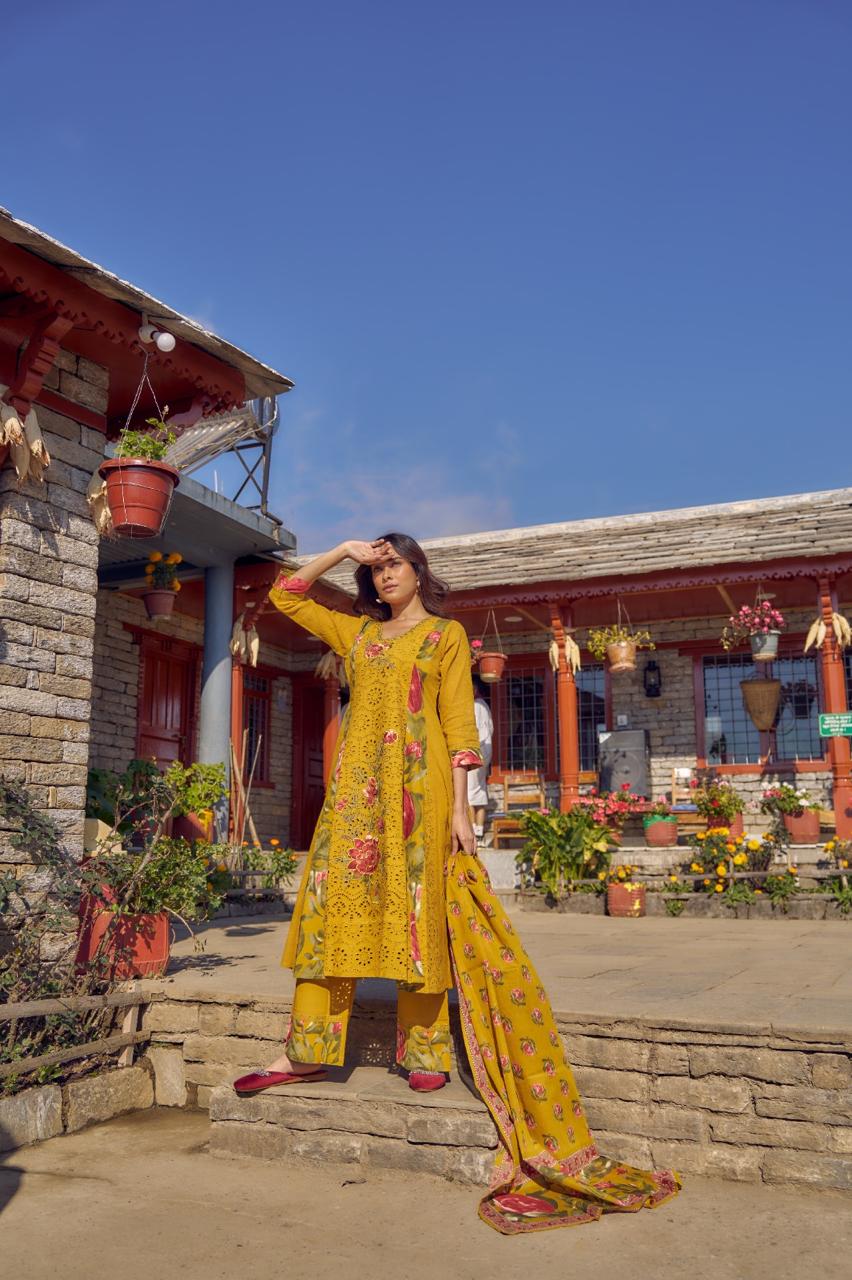 Premium cotton shifli brush painted yellow full suit in yellow dress