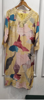 Mul silk kurta pant with lave detailing in yellow