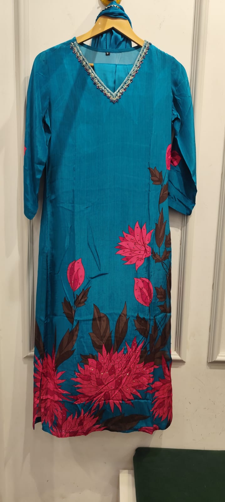 Pure crepe digital printed full suit in blue
