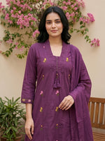 Mul cotton embroidered suit set in purple