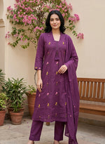Mul cotton embroidered suit set in purple