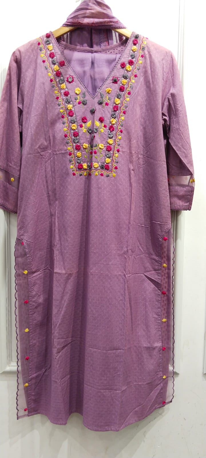 Textured cotton embroidered full suit set in purple
