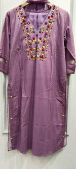 Textured cotton embroidered full suit set in purple