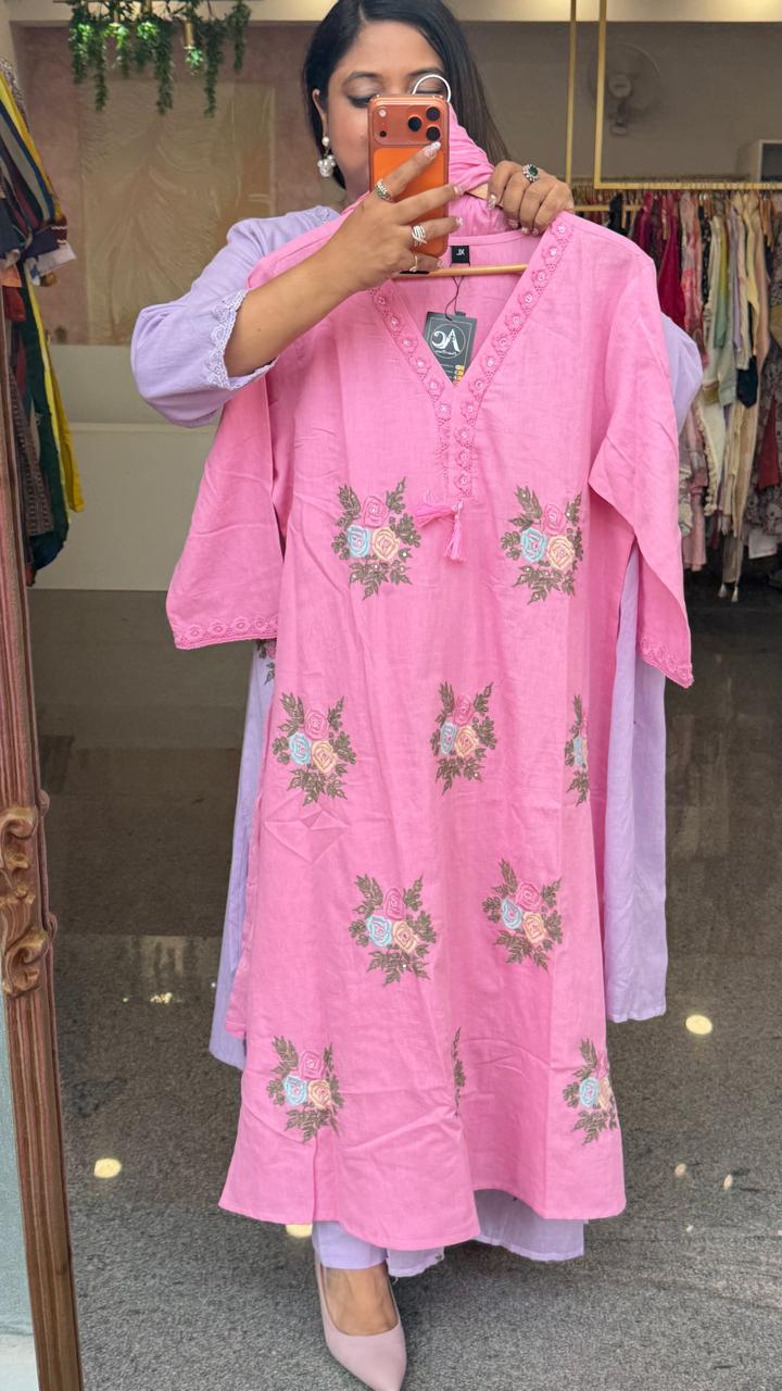 Fully embroidered cotton suit set in pink