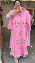 Fully embroidered cotton suit set in pink