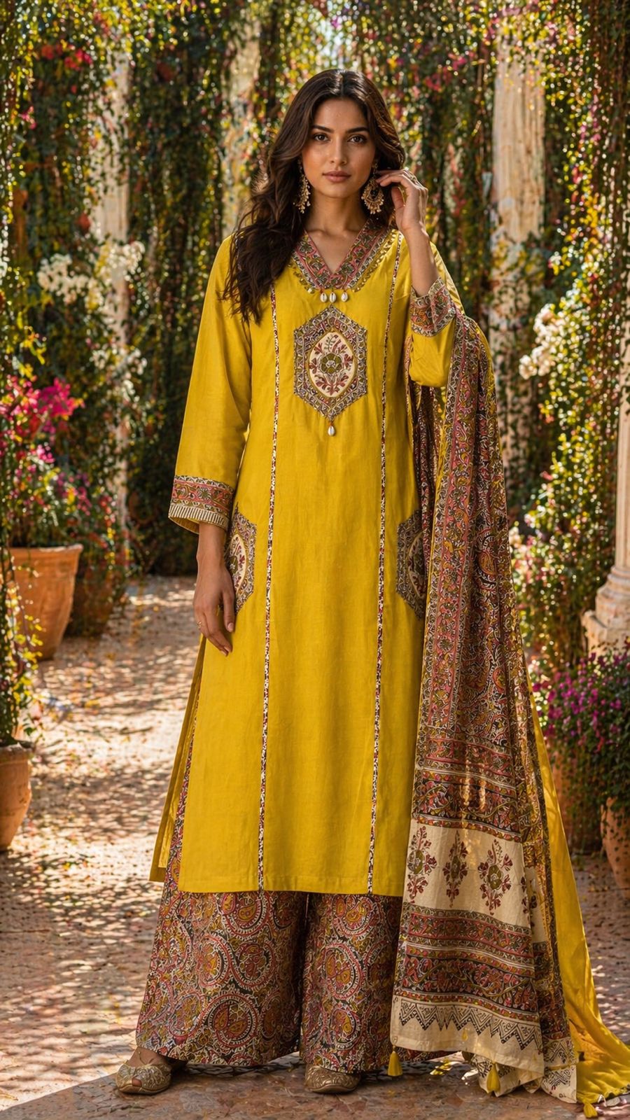Pretty Kalamkari applique work kurta with designer pocket and back paired with plazzo pant in yellow