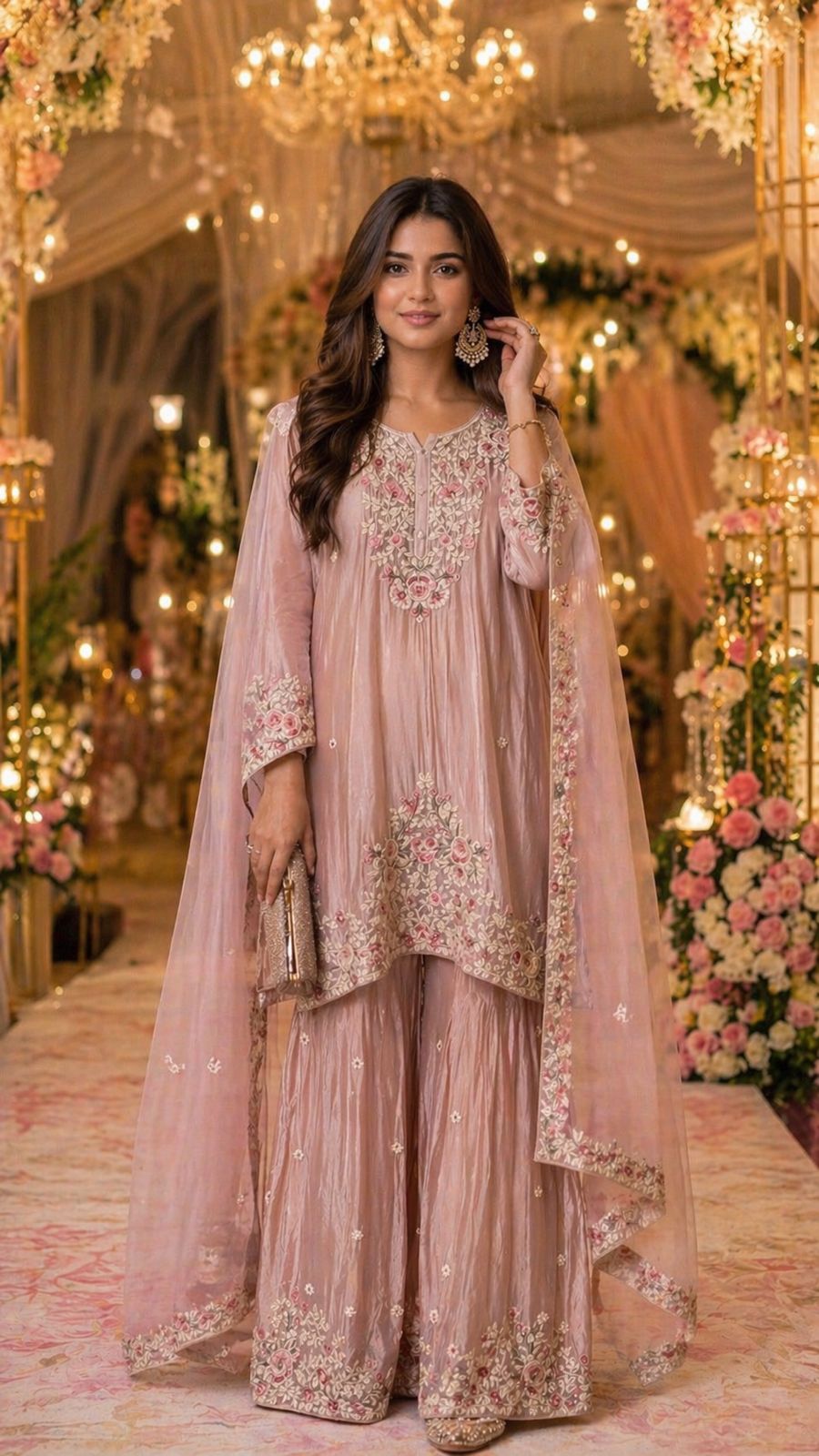 Super pretty embroidered chinon sharara suit set