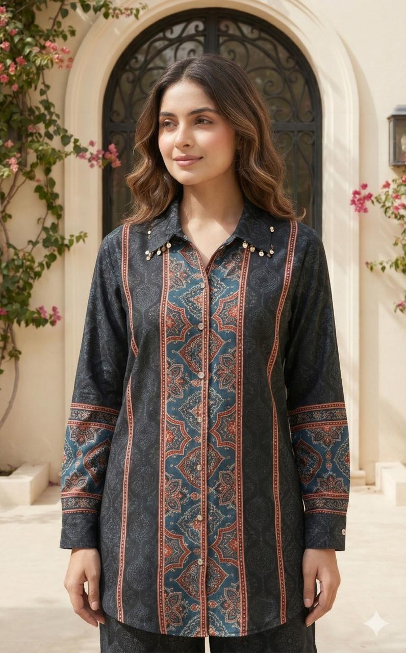 Pure Mul silk ajrakh co ord set in black