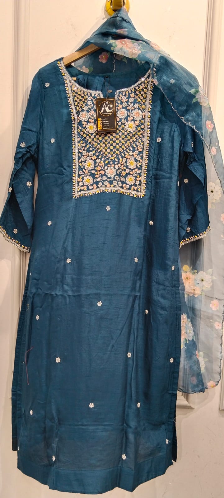 Dola silk with hand work full suit set in Rama blue with organza embalished duppata