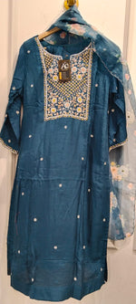 Dola silk with hand work full suit set in Rama blue with organza embalished duppata