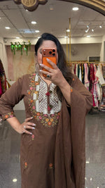 Fully embroidered pure cotton lining suit set with pockets in pant in brown