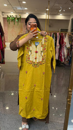 Fully embroidered pure cotton lining suit set with pockets in pant in yellow