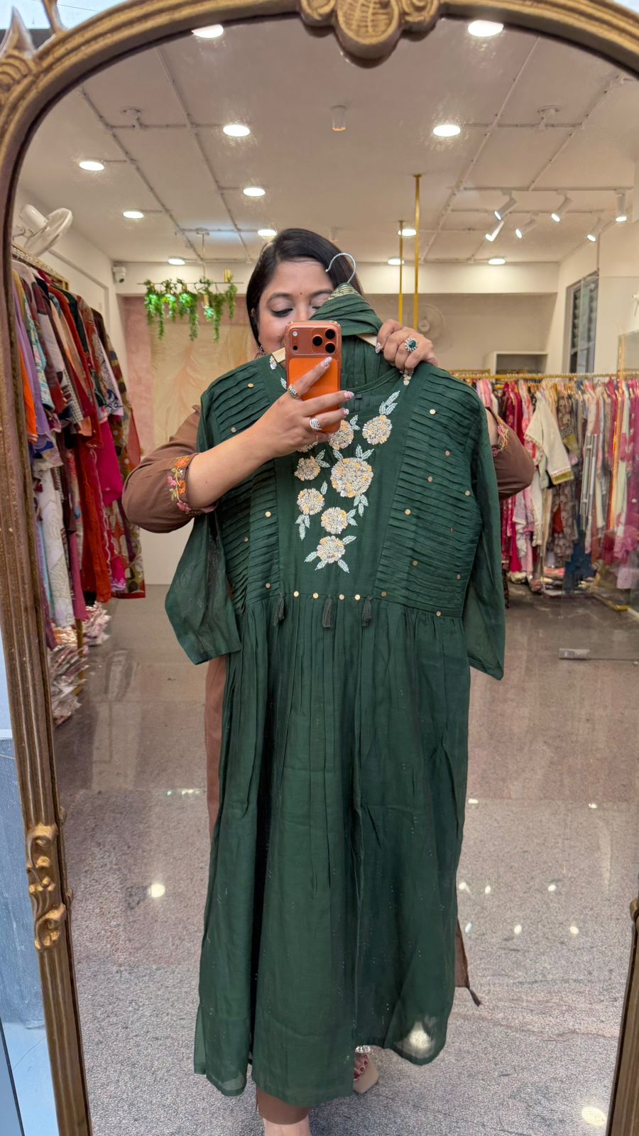 Premium Mul chanderi hand work suit set in green