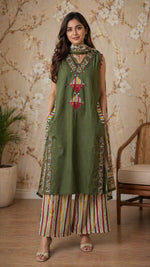 Premium dabu cotton with coin detailing and applique work in front n back full suit set in green