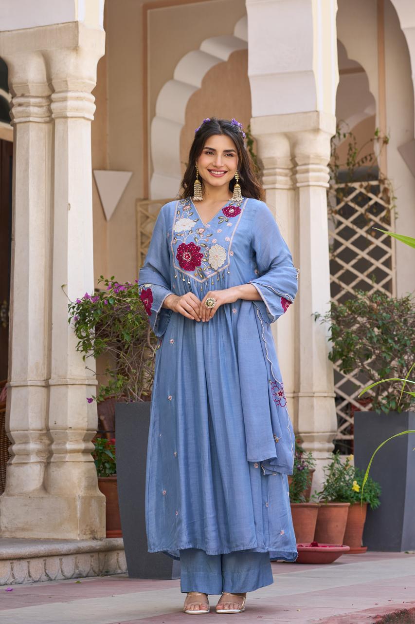 Mul cotton applique work full suit in blue
