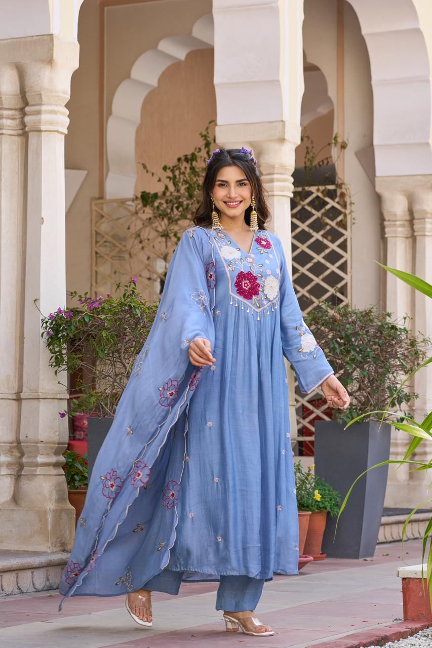 Mul cotton applique work full suit in blue