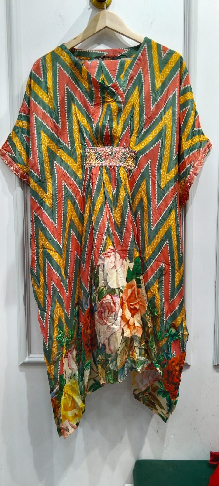 Pure crepe digital printedkaftan set in green