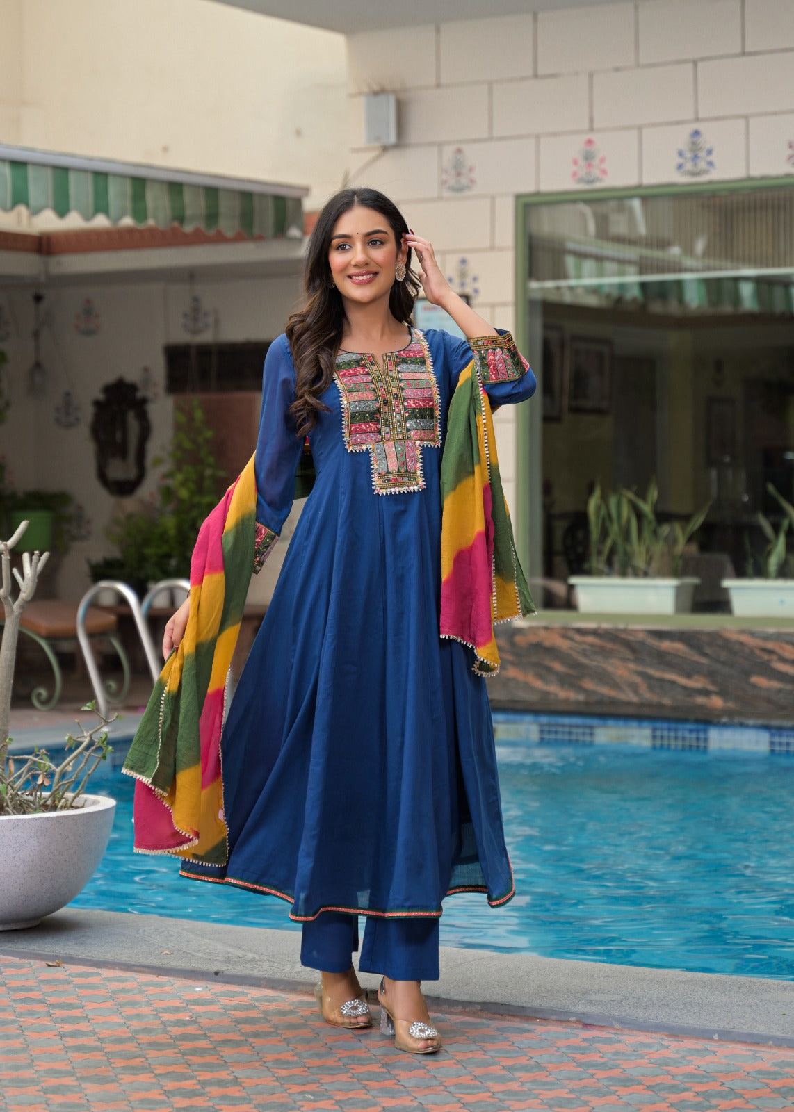 Mul Mul cotton Anarkali suit set in Blue