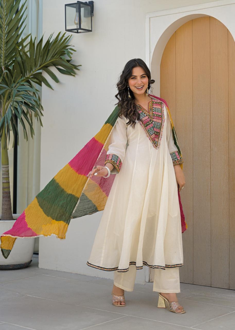 Mul Mul cotton Anarkali suit set in V neck
