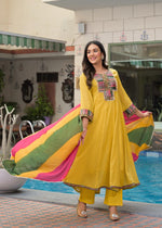 Mul Mul cotton Anarkali suit set in yellow