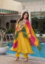 Mul Mul cotton Anarkali suit set in yellow