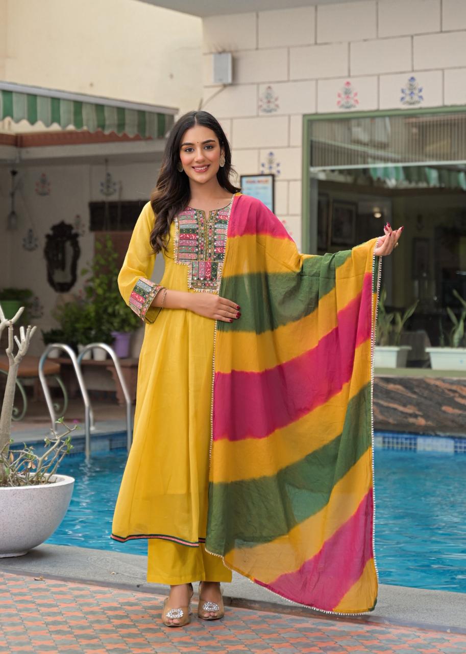 Mul Mul cotton Anarkali suit set in yellow
