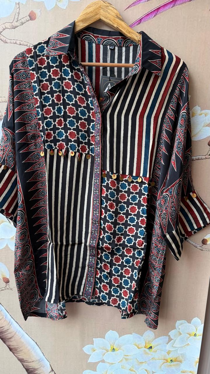 Pure crepe ajrakh and stripes crepe shirt